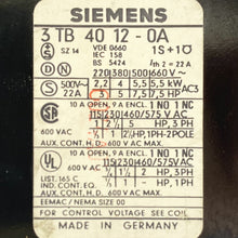Load image into Gallery viewer, (Lot 5) Siemens 3TB40 9A Contactor Relay 3-Pole 600V 120VCoil 0AK6 2NC/2NC 7