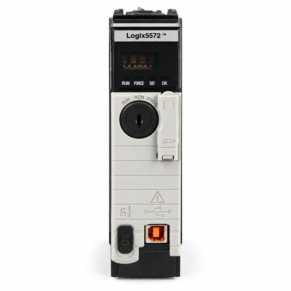 Allen-Bradley 1756-L72 controller, front studio view — representative model image