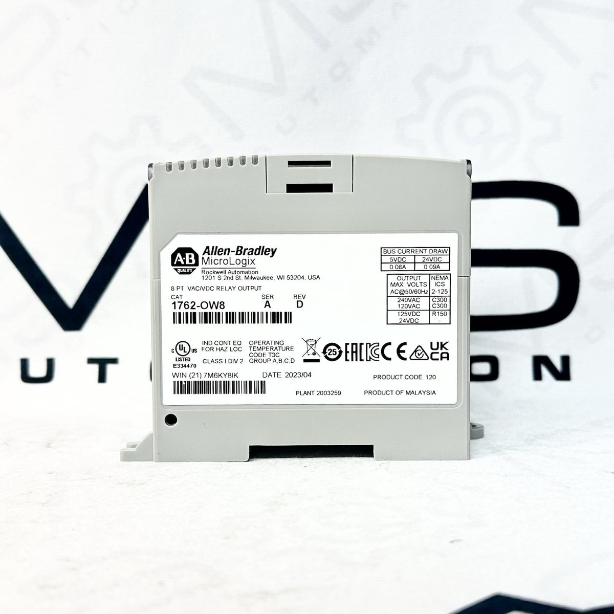 Allen-Bradley 1762-OW8 MicroLogix relay output module, real model-label side photograph from MSS Automation's own eBay listing.