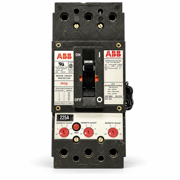 ABB 225A motor circuit protector with three terminal positions — representative studio image based on original unit photographs