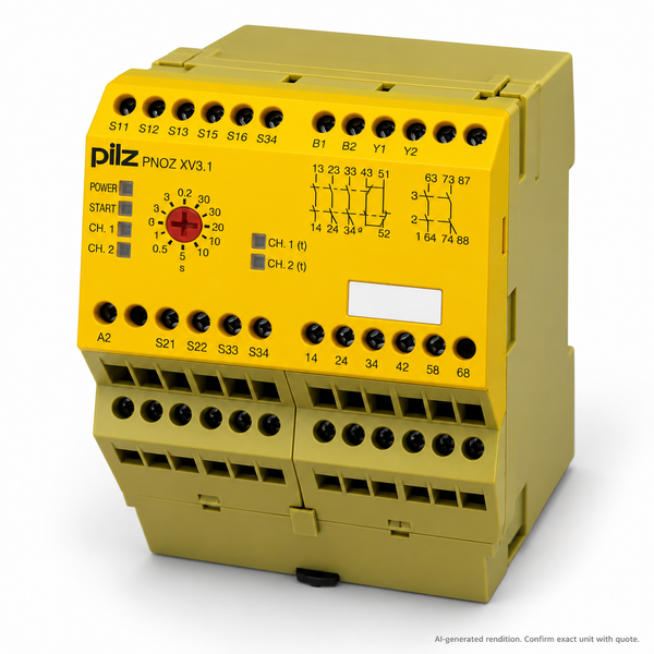 AI-generated representative rendition of Pilz PNOZ XV3.1 safety relay, based on exact-model reference images. Confirm supplied unit and markings with quotation.