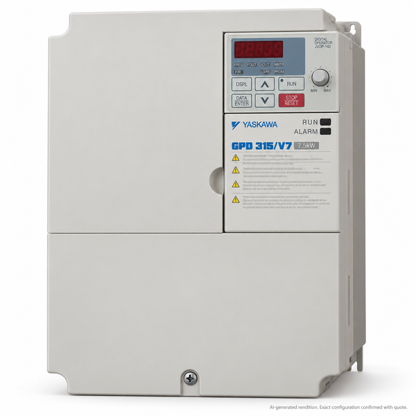 AI-generated representative rendition based on the Yaskawa CIMR-V7AM27P5 GPD315/V7 frame and keypad. Confirm the supplied Magnetek configuration, markings and full catalog number with quotation.
