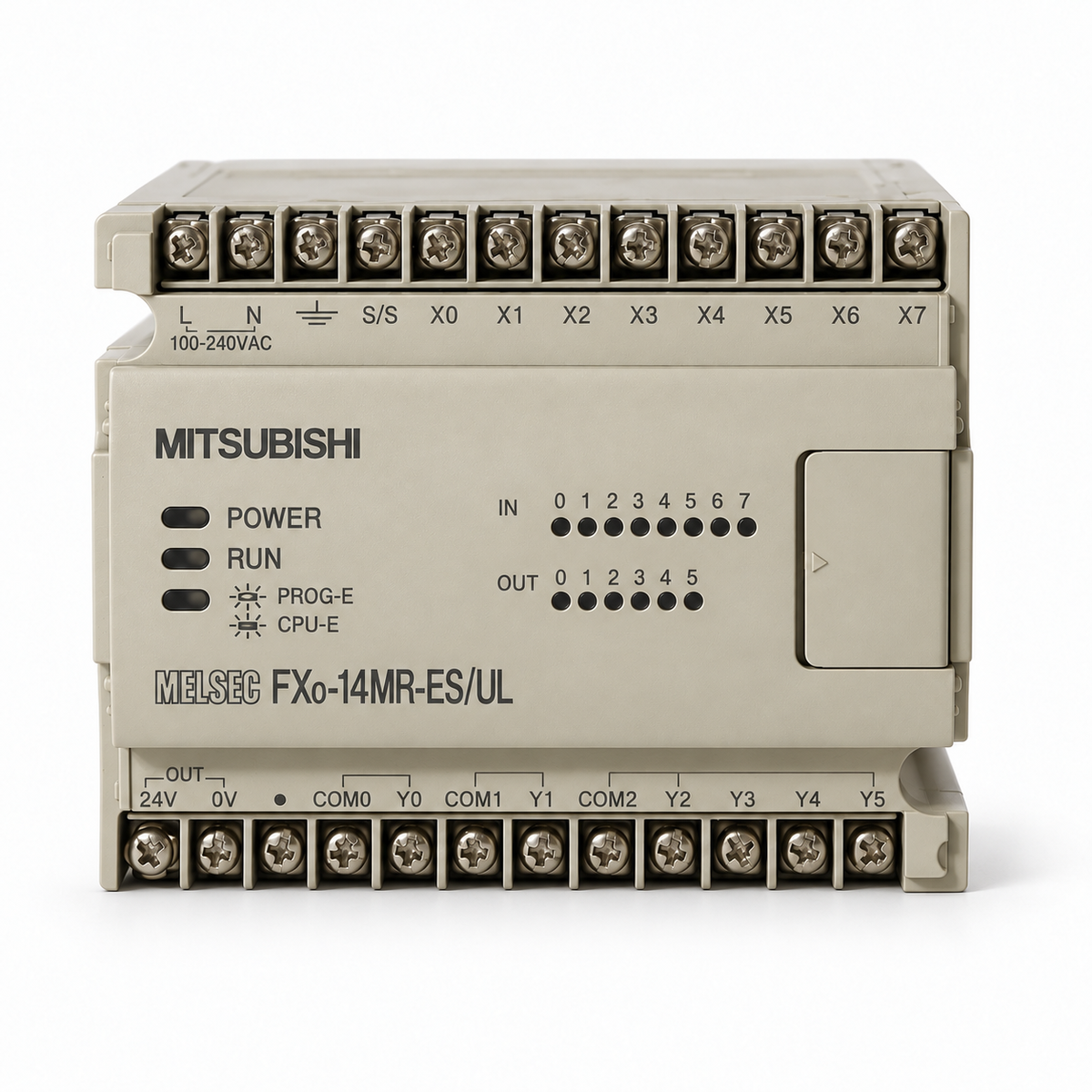 Mitsubishi FX0-14MR-ES/UL representative studio rendition; actual item condition and markings may vary.