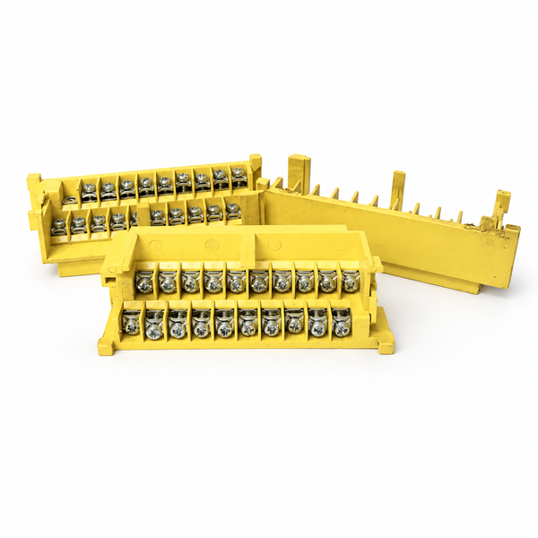 Three yellow FANUC 44D-750121 terminal blocks — representative studio image based on original lot photographs