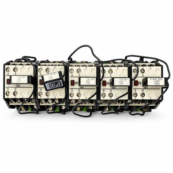 Lot of five Siemens 3TB40 contactor assemblies with attached leads — representative studio image based on original lot photographs