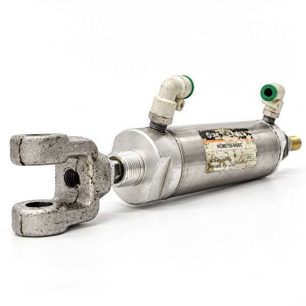 SMC NCME150-0400C pneumatic cylinder with fitted clevis and elbows — representative image based on original unit photographs